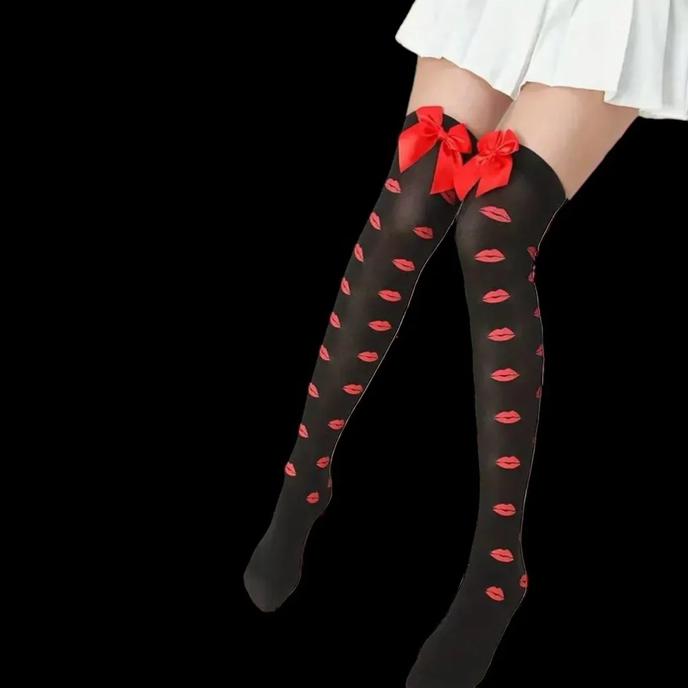 Lips Kiss Mesh Thigh High Stockings Bow Decor Valentines Day Over The Knee Socks